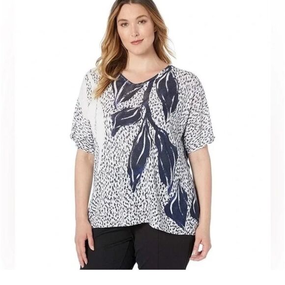 Nic + Zoe Linen Blend Sweater short sleeve white and blue flower large - Picture 2 of 12